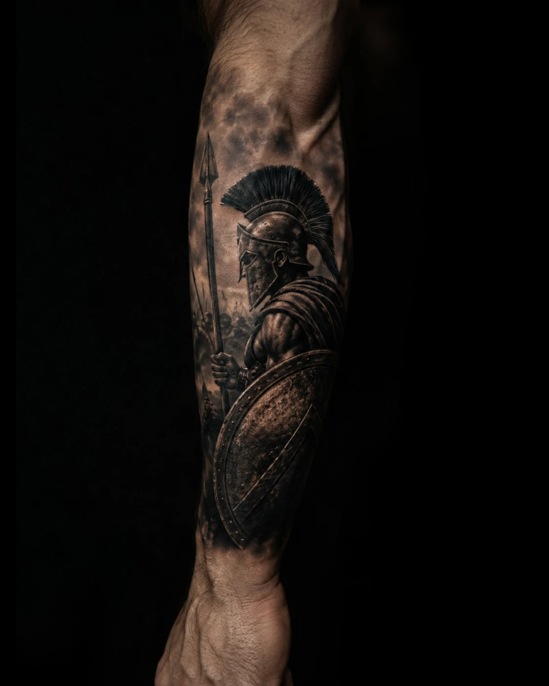 Helmeted Spartan advances behind a round shield with a raised spear and dense battlefield shading.