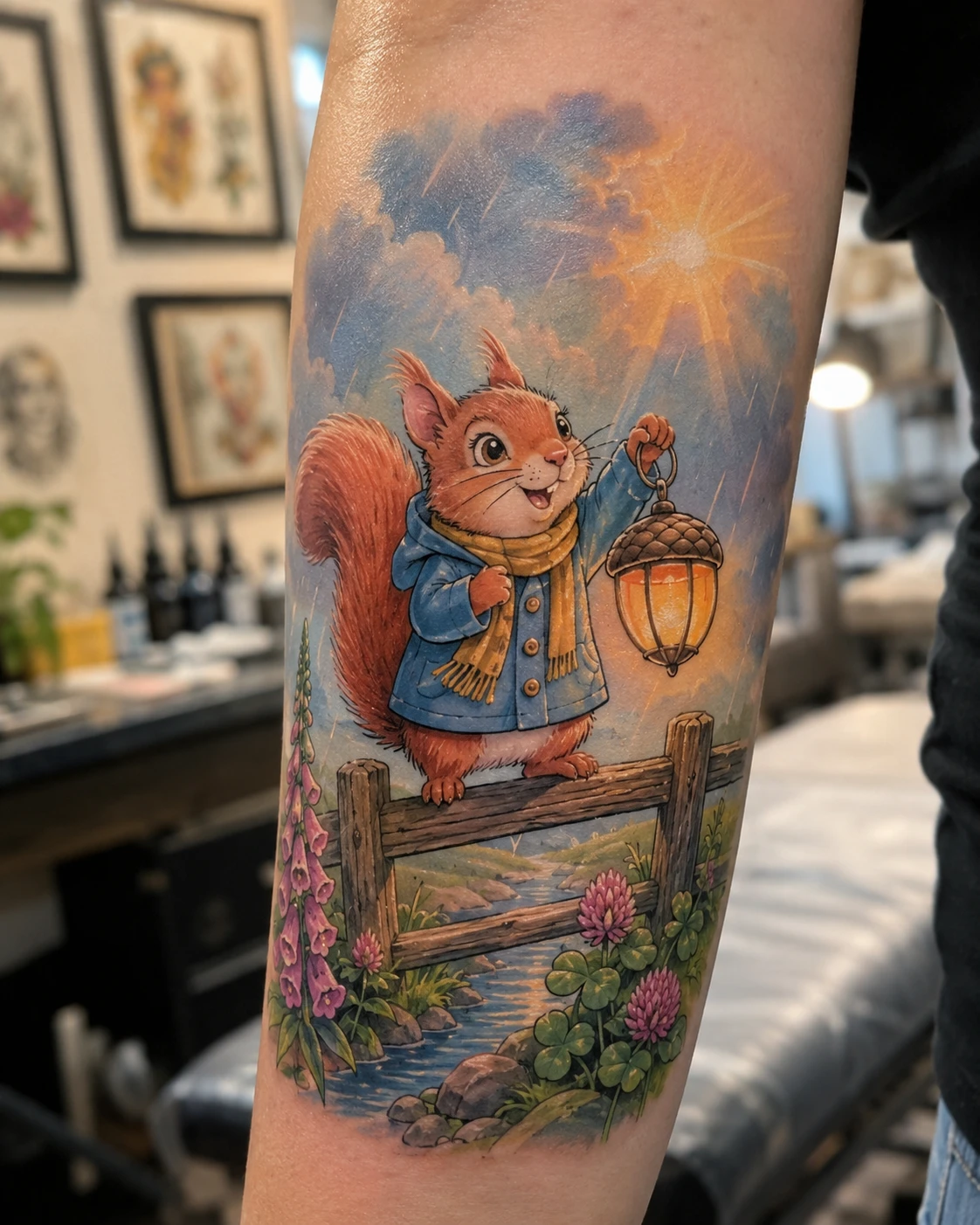 Squirrel holding a lantern on a wooden fence above a stream.