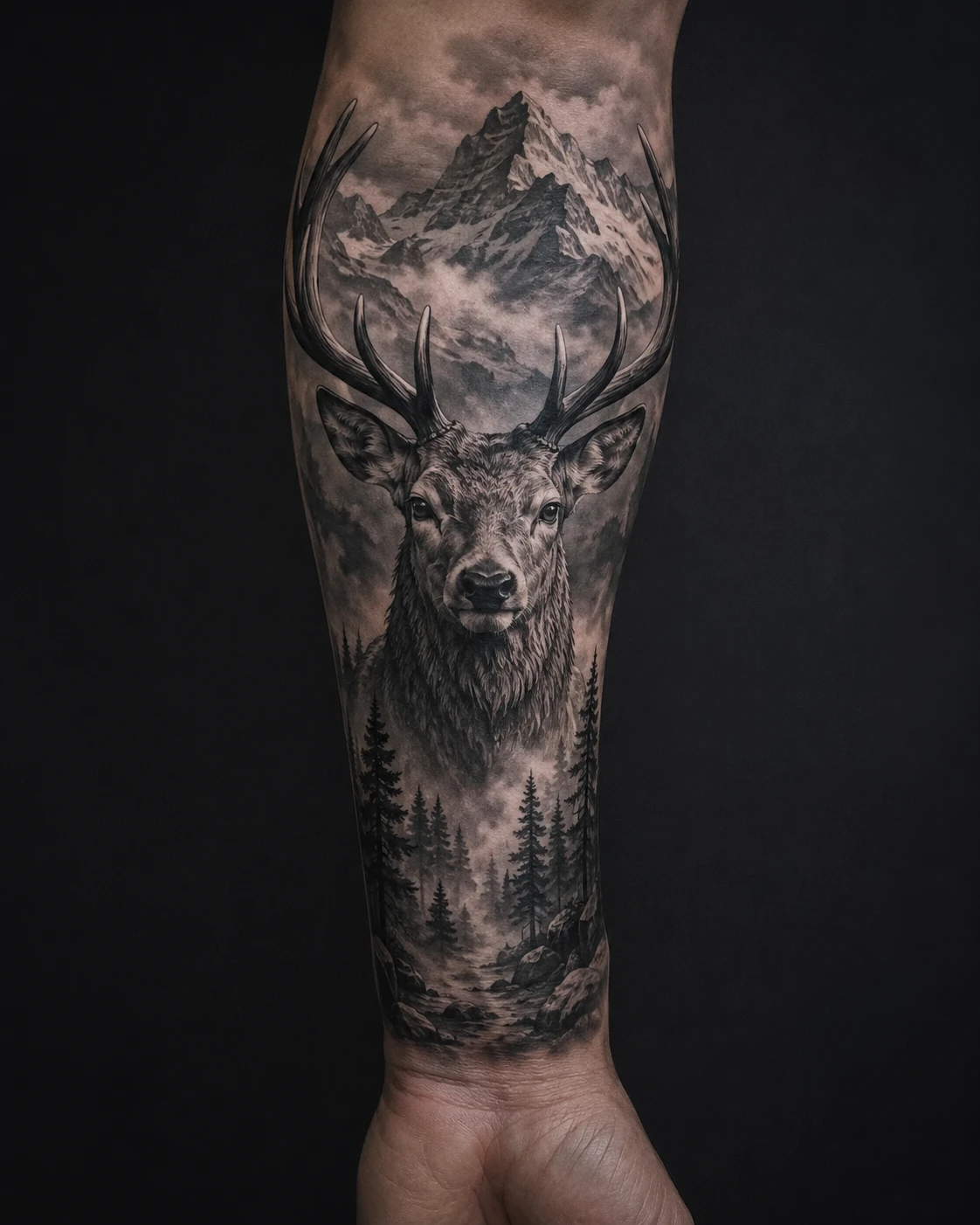 Stag beneath snowy mountain and pine forest tattoo on forearm