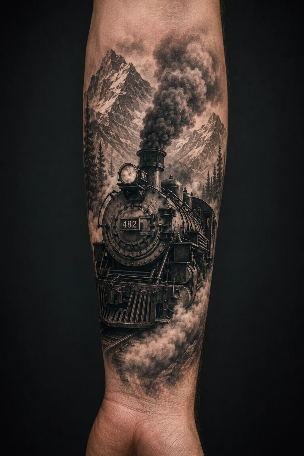 Number 482 steam locomotive drives through a mountain pass.