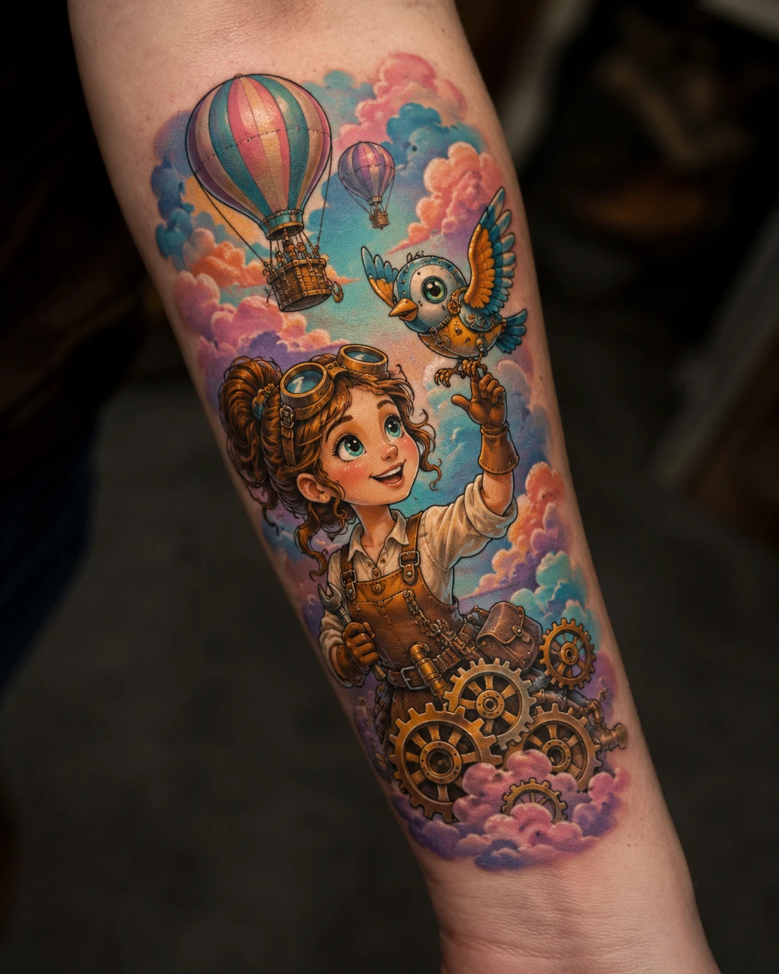 Young inventor with goggles reaching for a copper bird, hot air balloons and brass gears in pink clouds, on a forearm