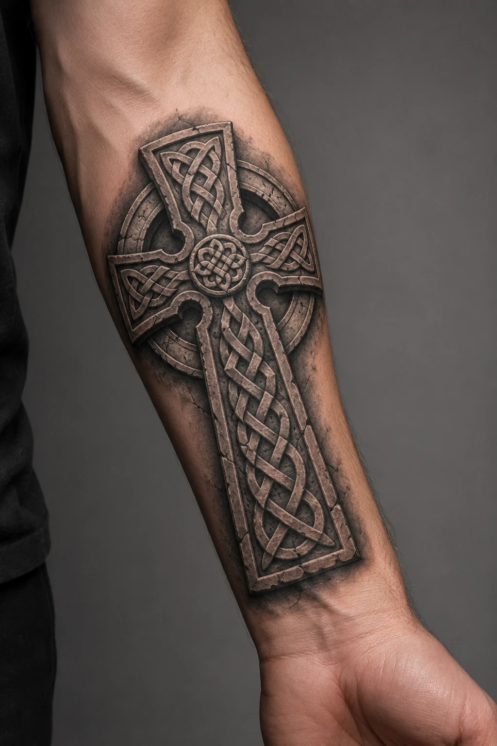 Tall Celtic cross combines carved knotwork, circular geometry and softly weathered stone shading.