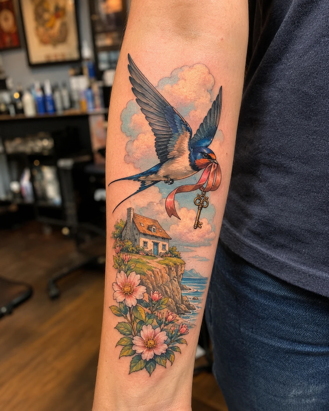 Colour forearm tattoo of a swallow with a key above a cottage and pink flowers.