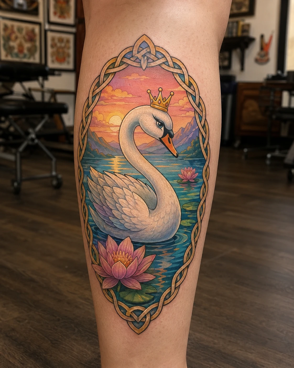 White swan and pink lotus inside a Celtic sunset frame