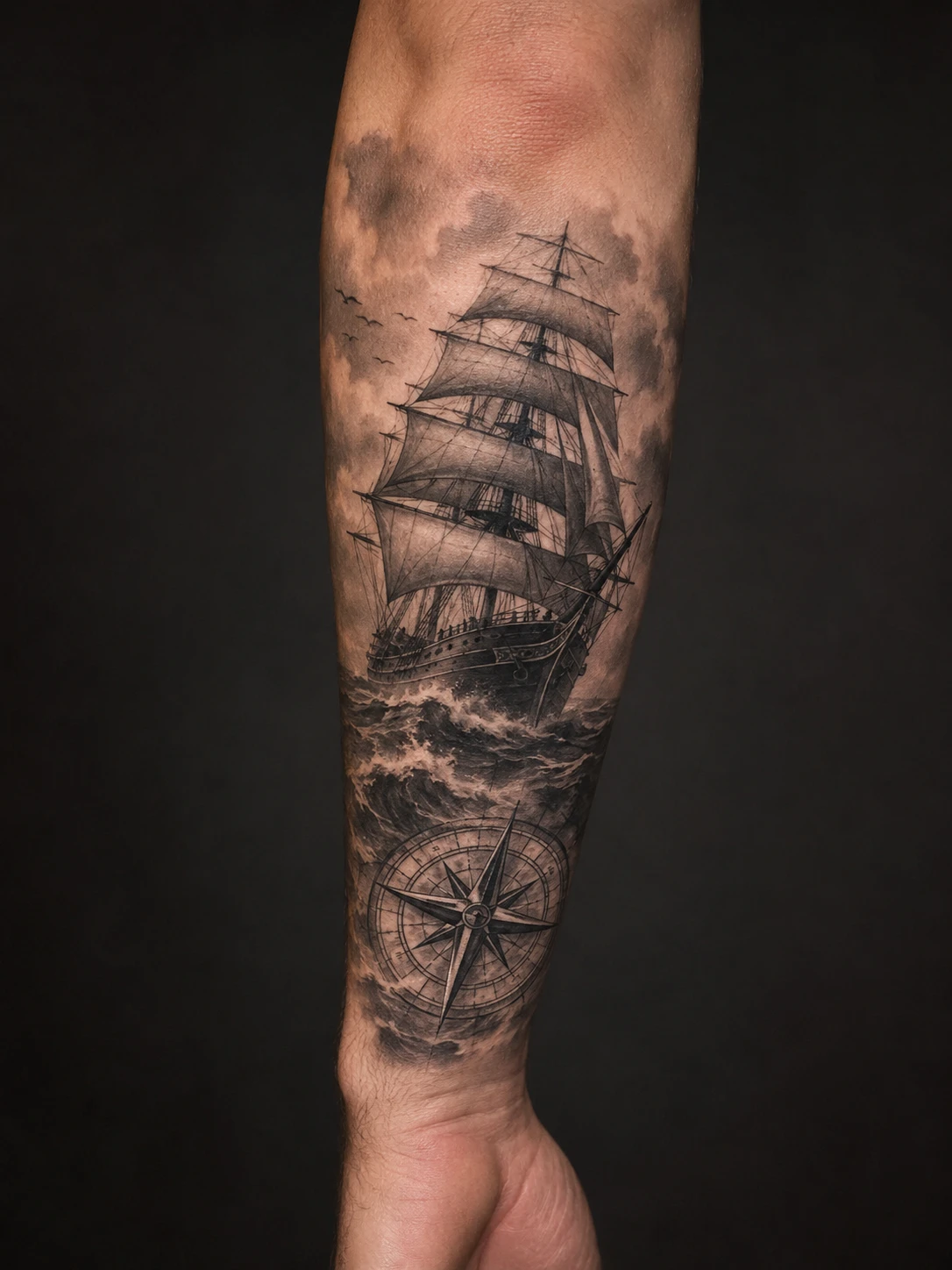 Black and grey sailing ship above storm waves and a compass.