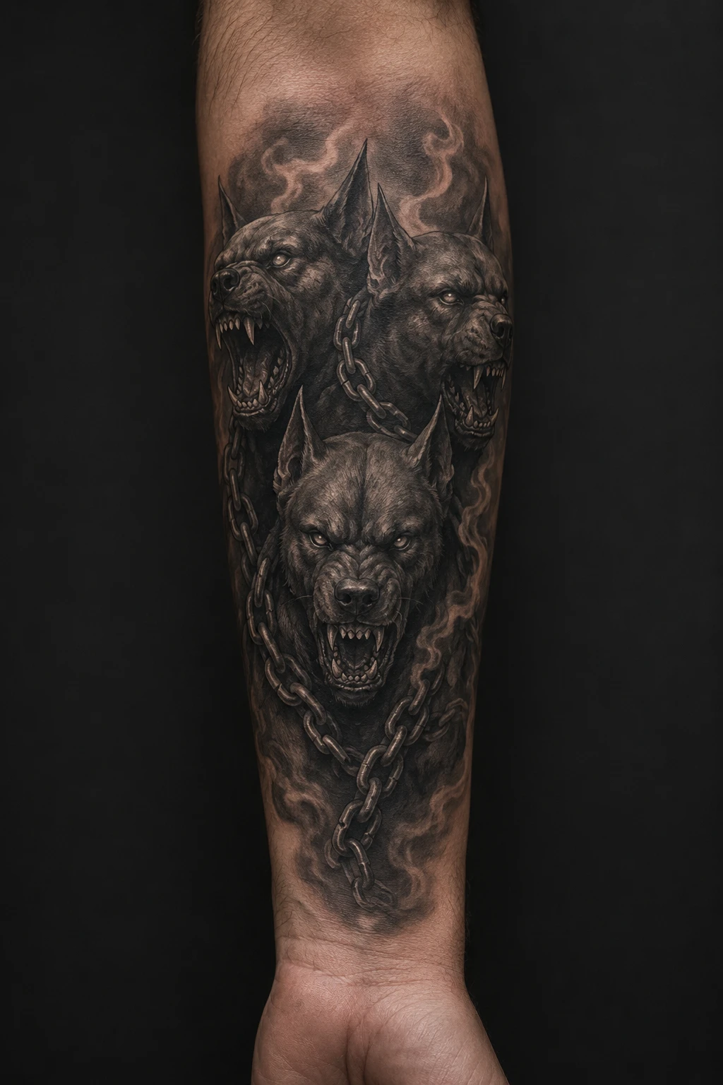 Black and grey forearm tattoo of three snarling dogs wrapped in heavy chains.