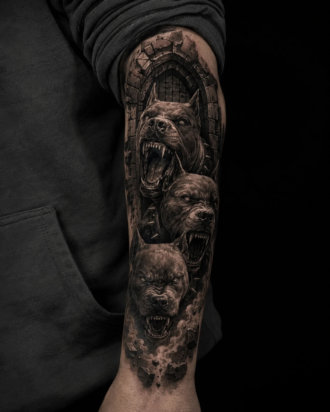 Black and grey forearm tattoo of three snarling dogs under a ruined stone arch.