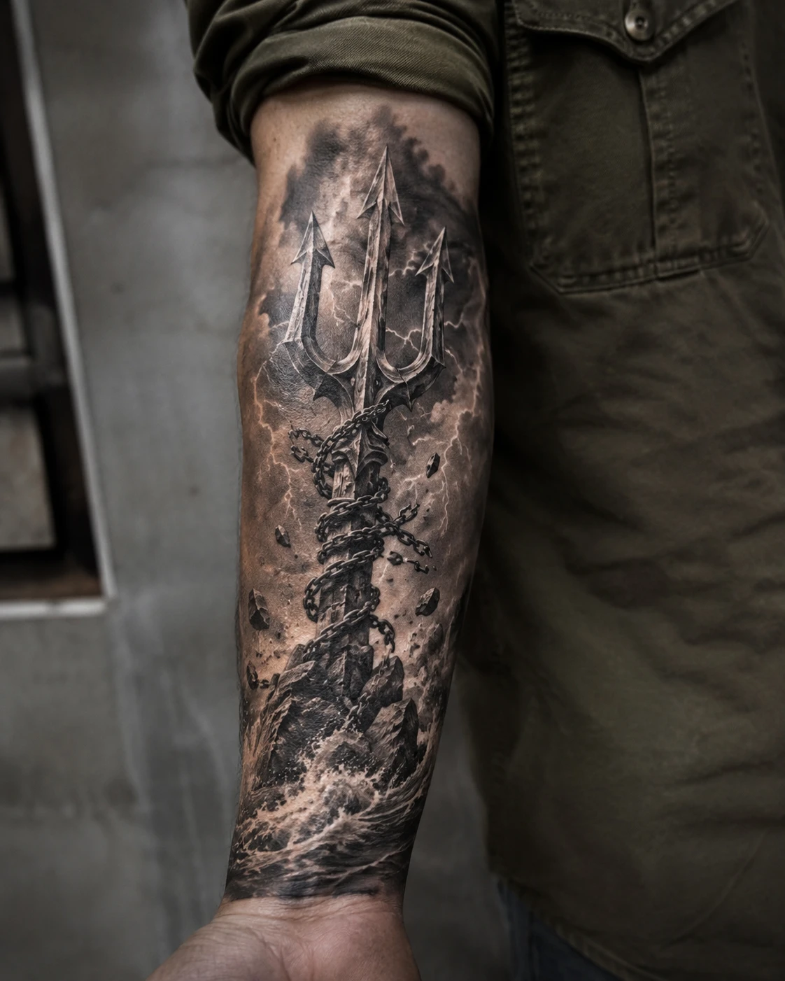 Ornate trident rising through storm waves tattoo on forearm