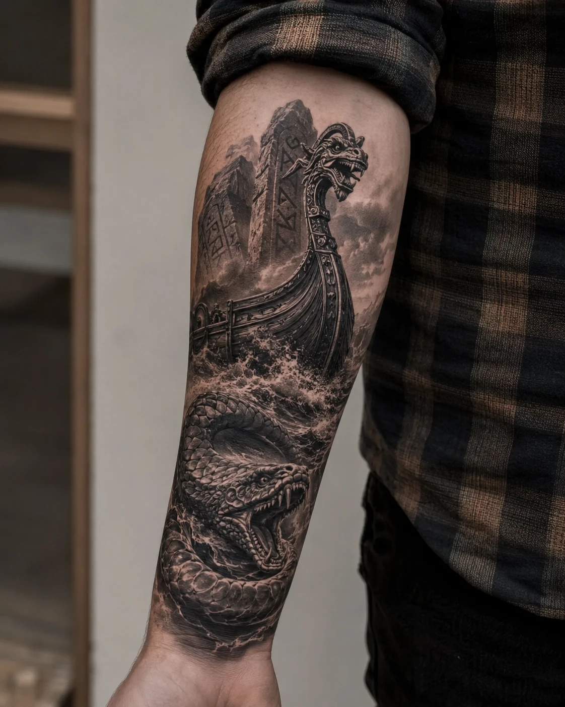 Viking longship and snarling sea serpent among storm waves.