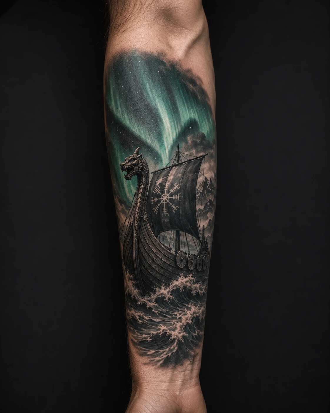Viking longship beneath green northern lights and snowy mountains