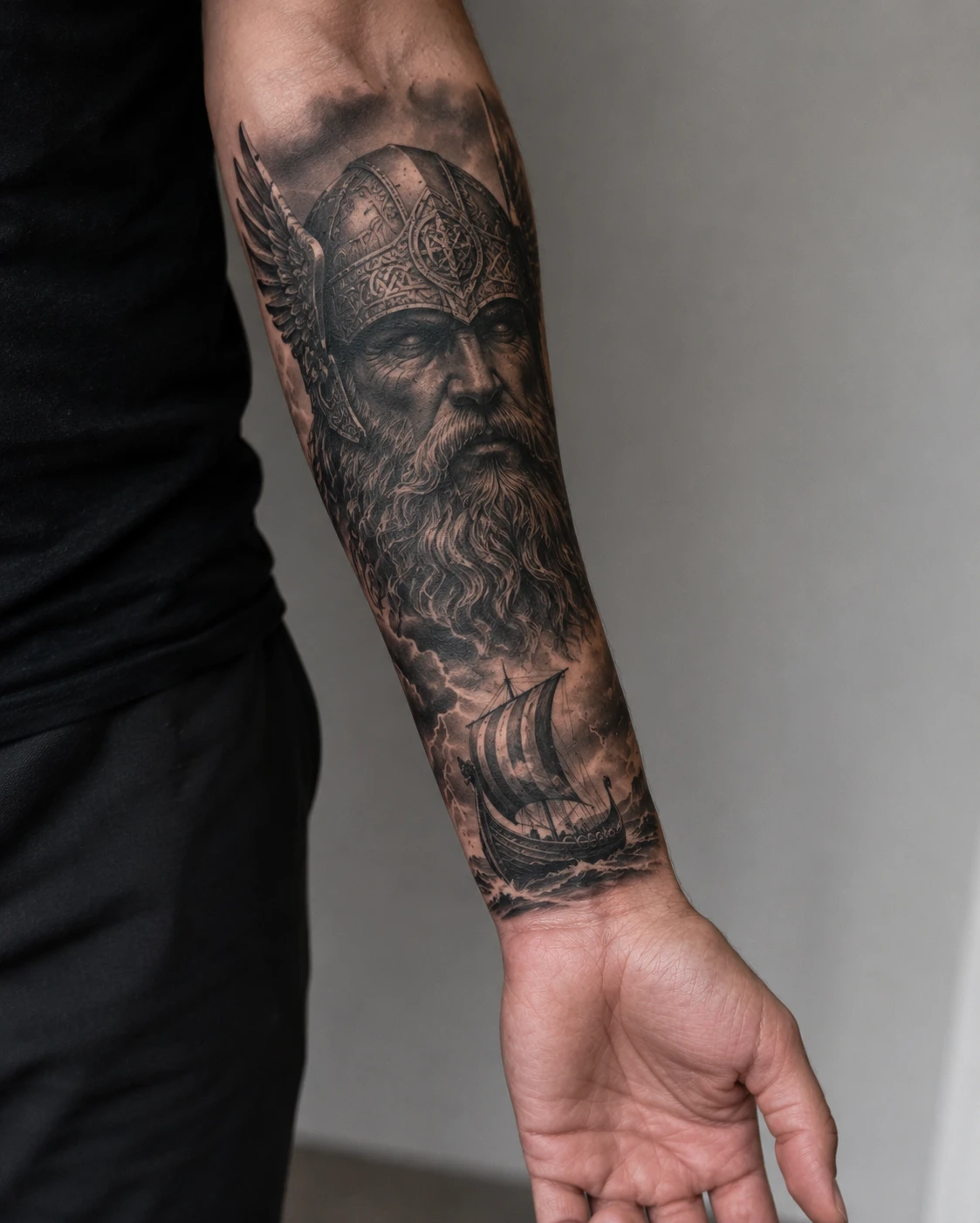Viking warrior portrait above a longship in a storm.