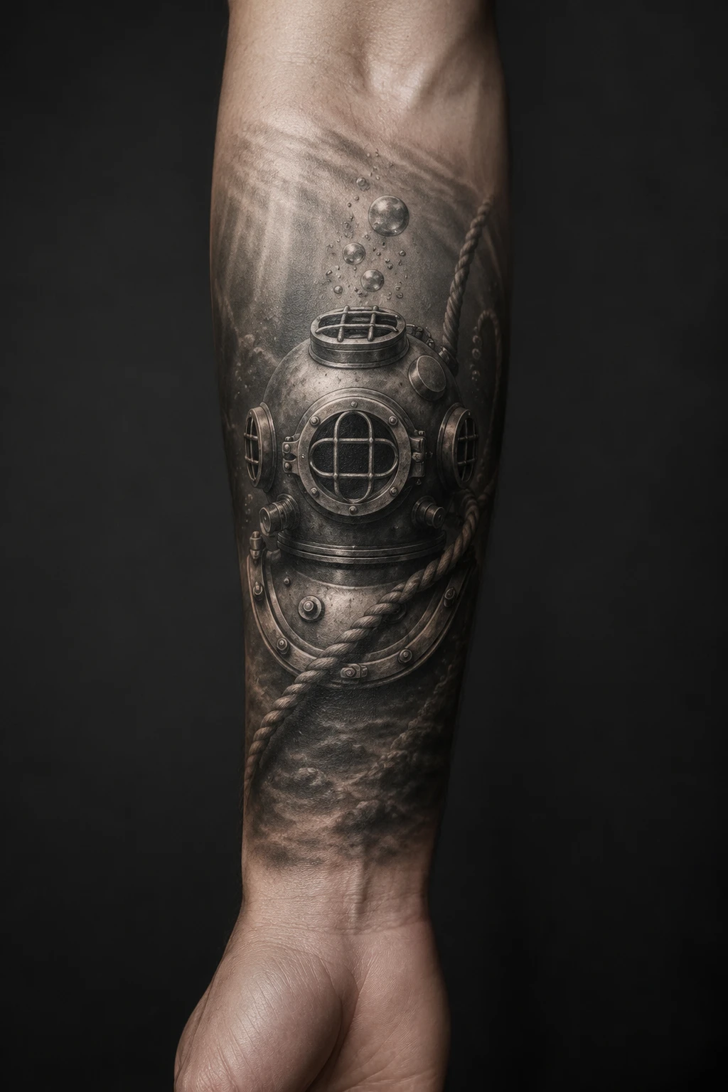 Brass style diving helmet emerges through dark water texture, rivets, hoses and weathered glass.