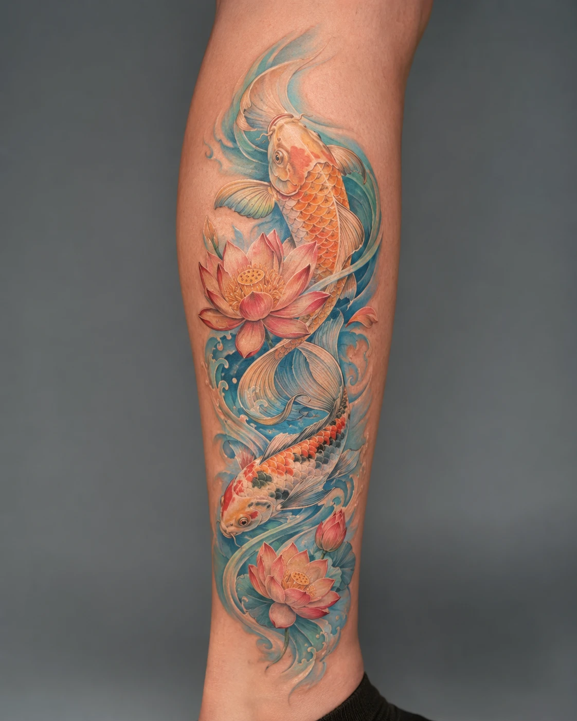 Orange and silver koi swimming around peach lotus flowers