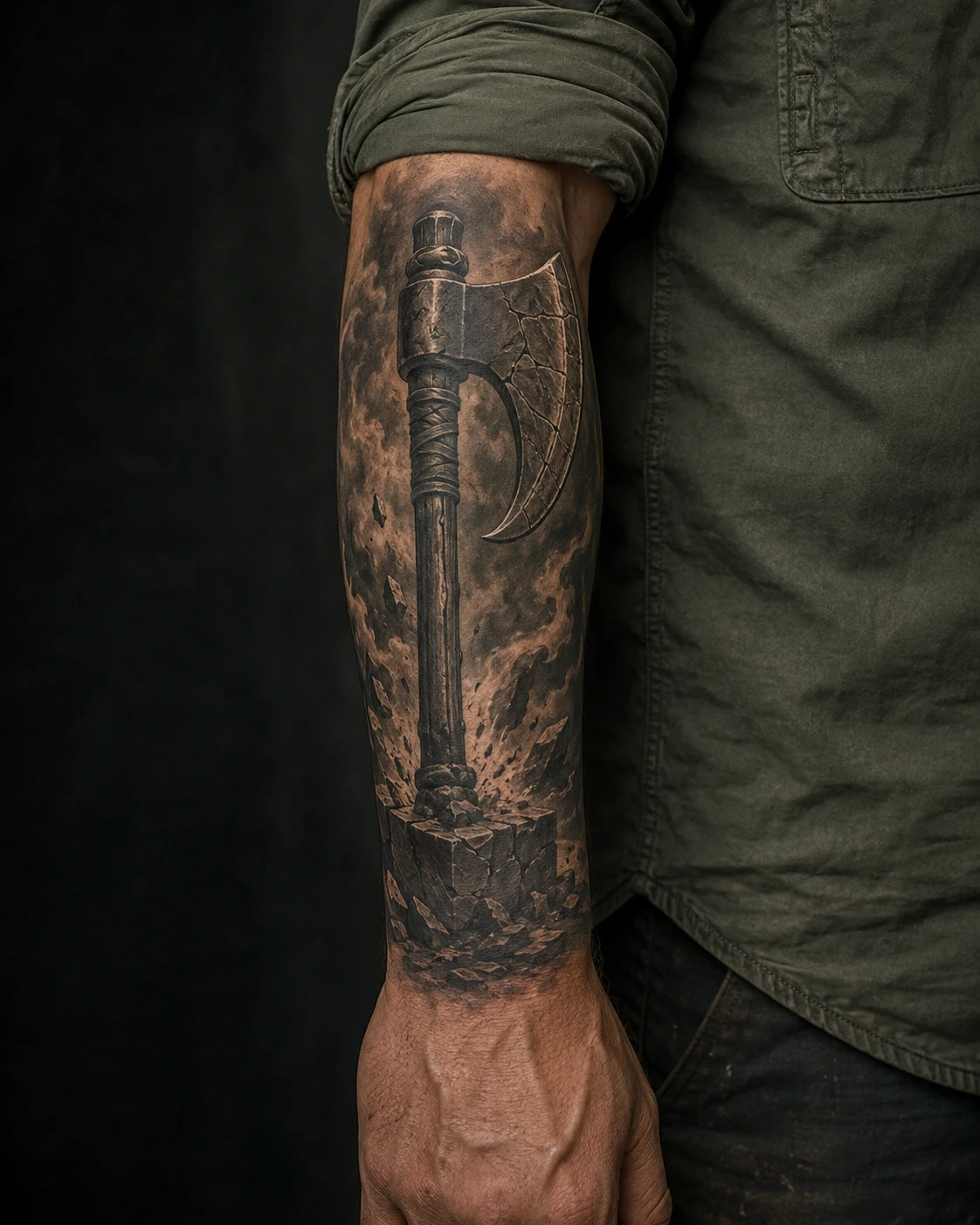 Heavy double headed axe shows chipped steel, carved wood and forceful black and grey depth.