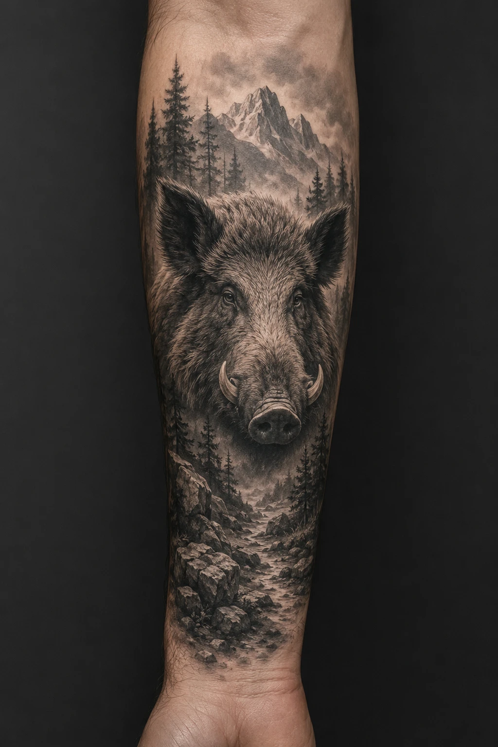Wild boar portrait with mountains and pines tattoo on forearm