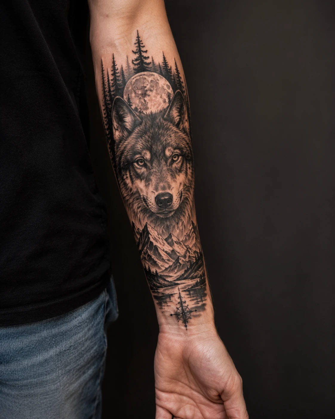 Wolf portrait below a full moon, pine forest, mountains, lake reflections and compass.