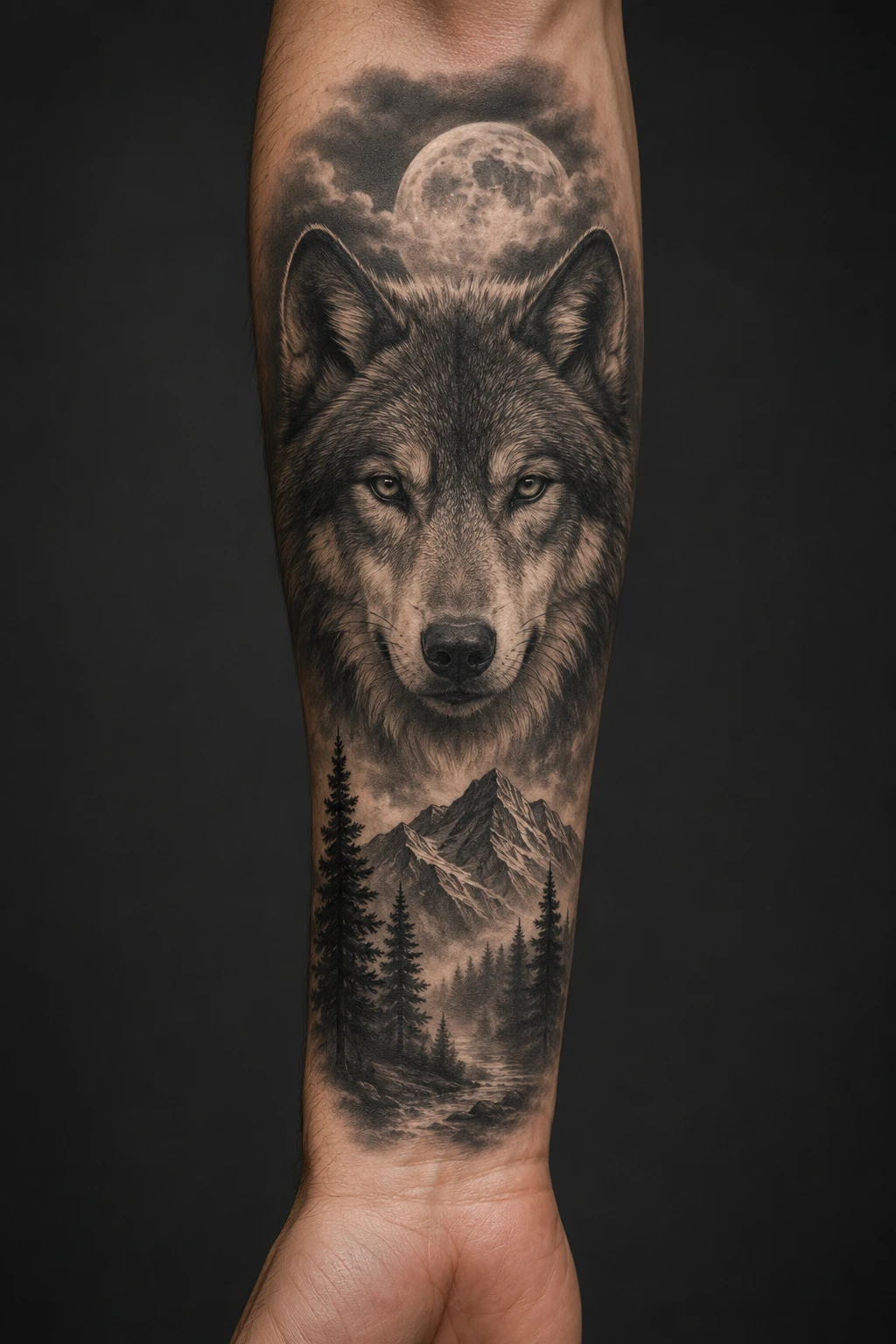 Wolf portrait with moon and mountains tattoo on forearm