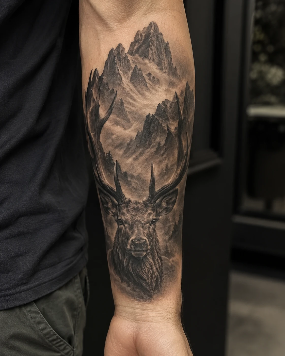Watchful wolf beneath jagged mountains, pine forest and pale fog