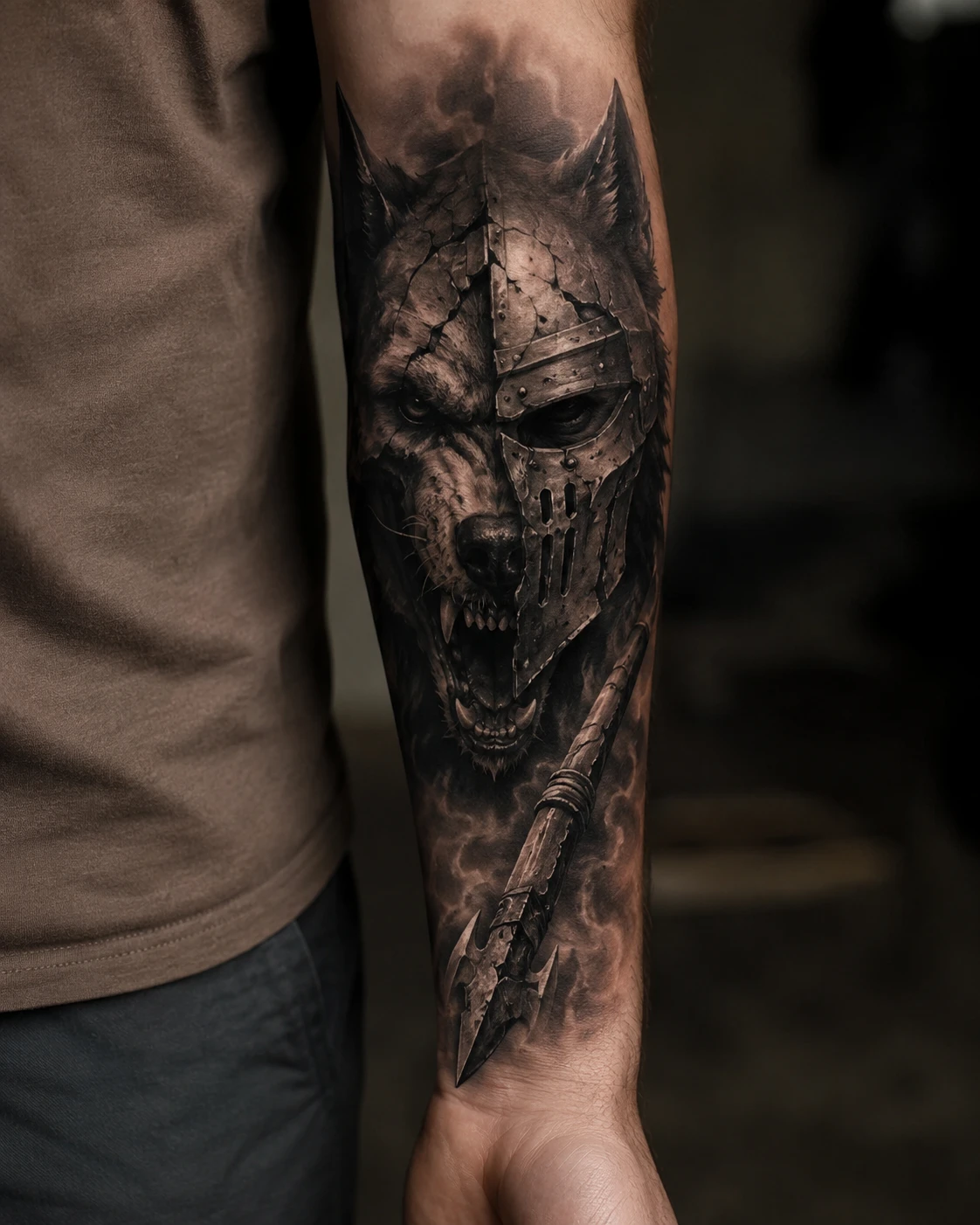 Wolf face split by a scarred metal helmet and broken spear.