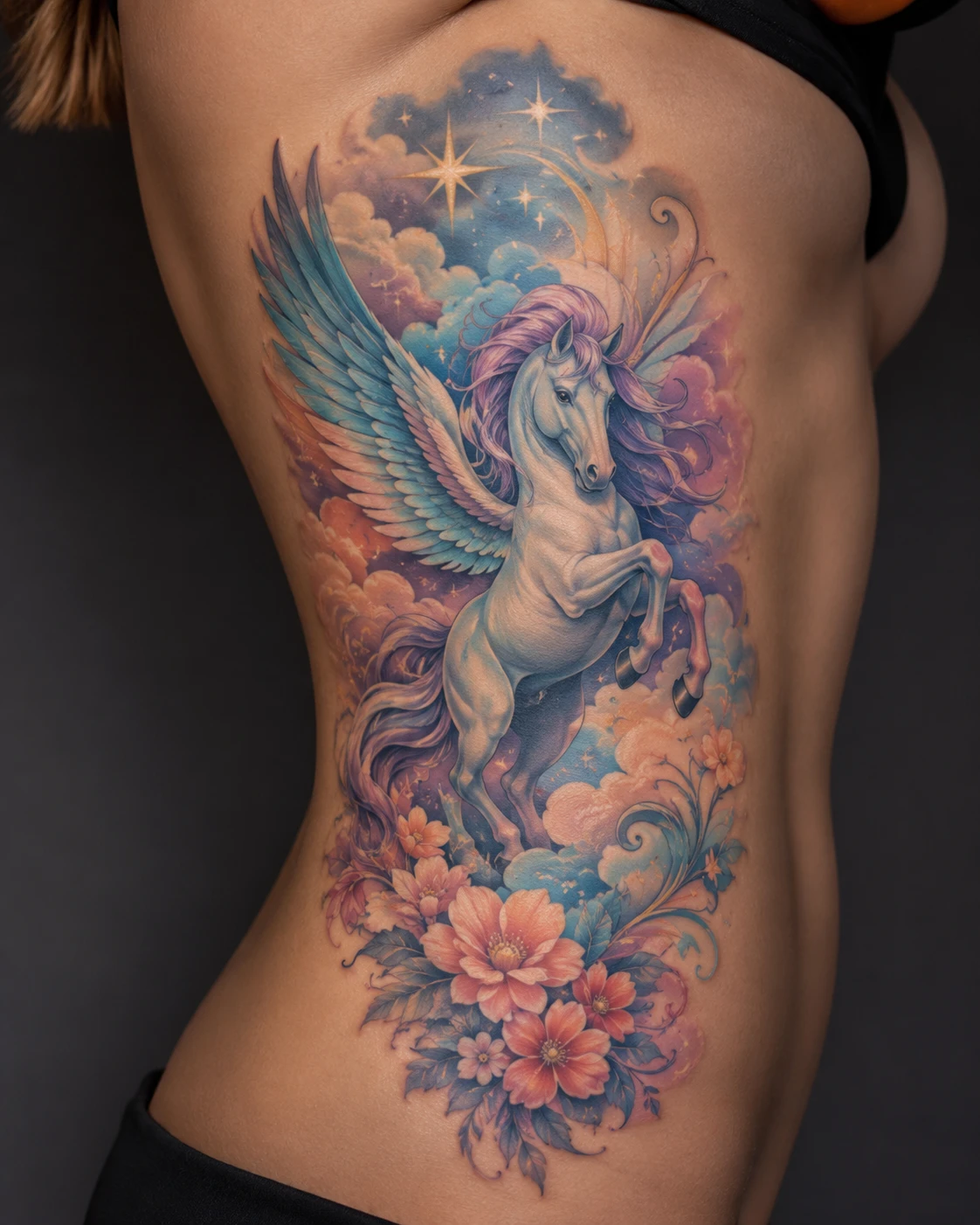Winged white unicorn among lavender clouds and pink flowers