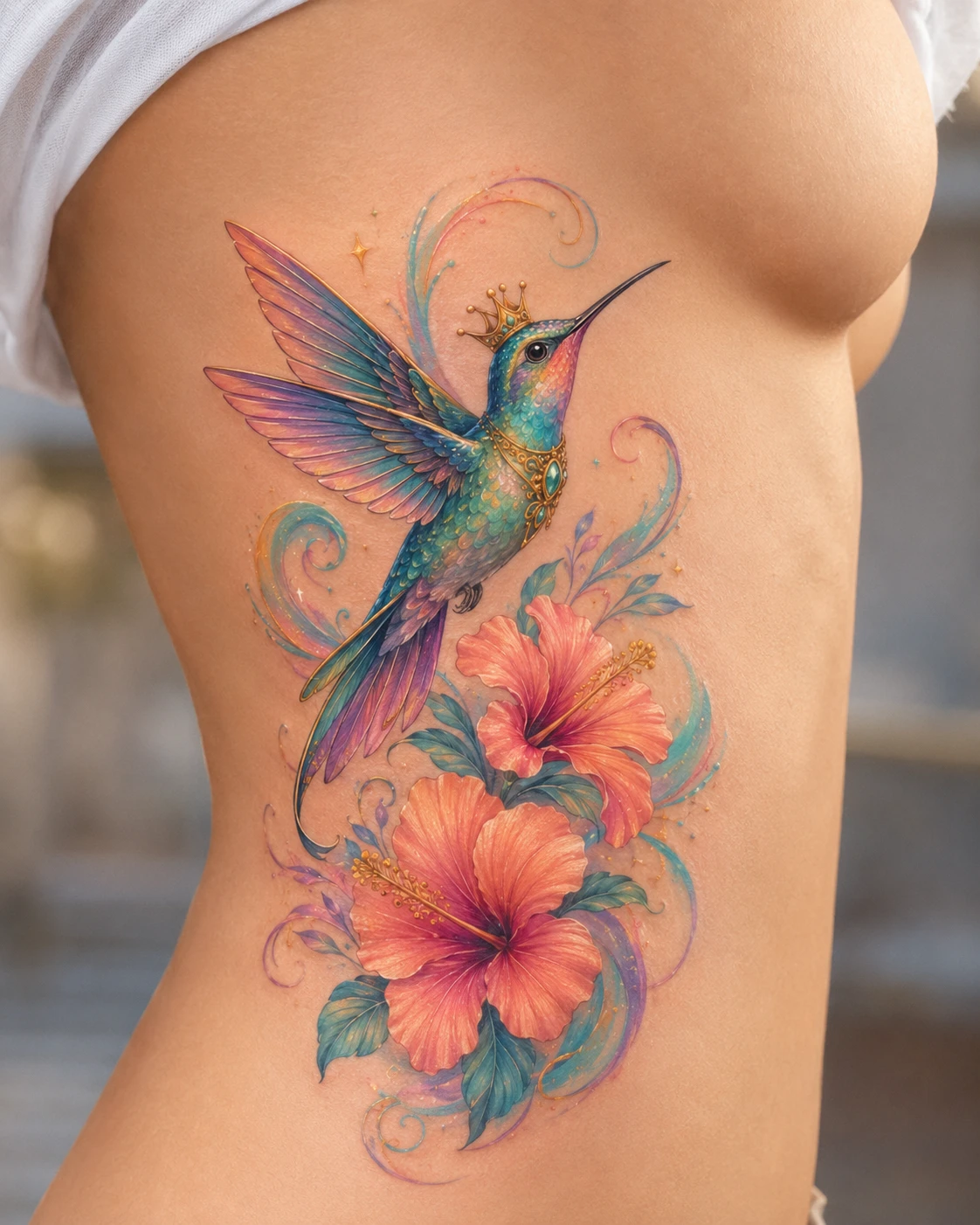 Turquoise hummingbird hovering above coral hibiscus flowers
