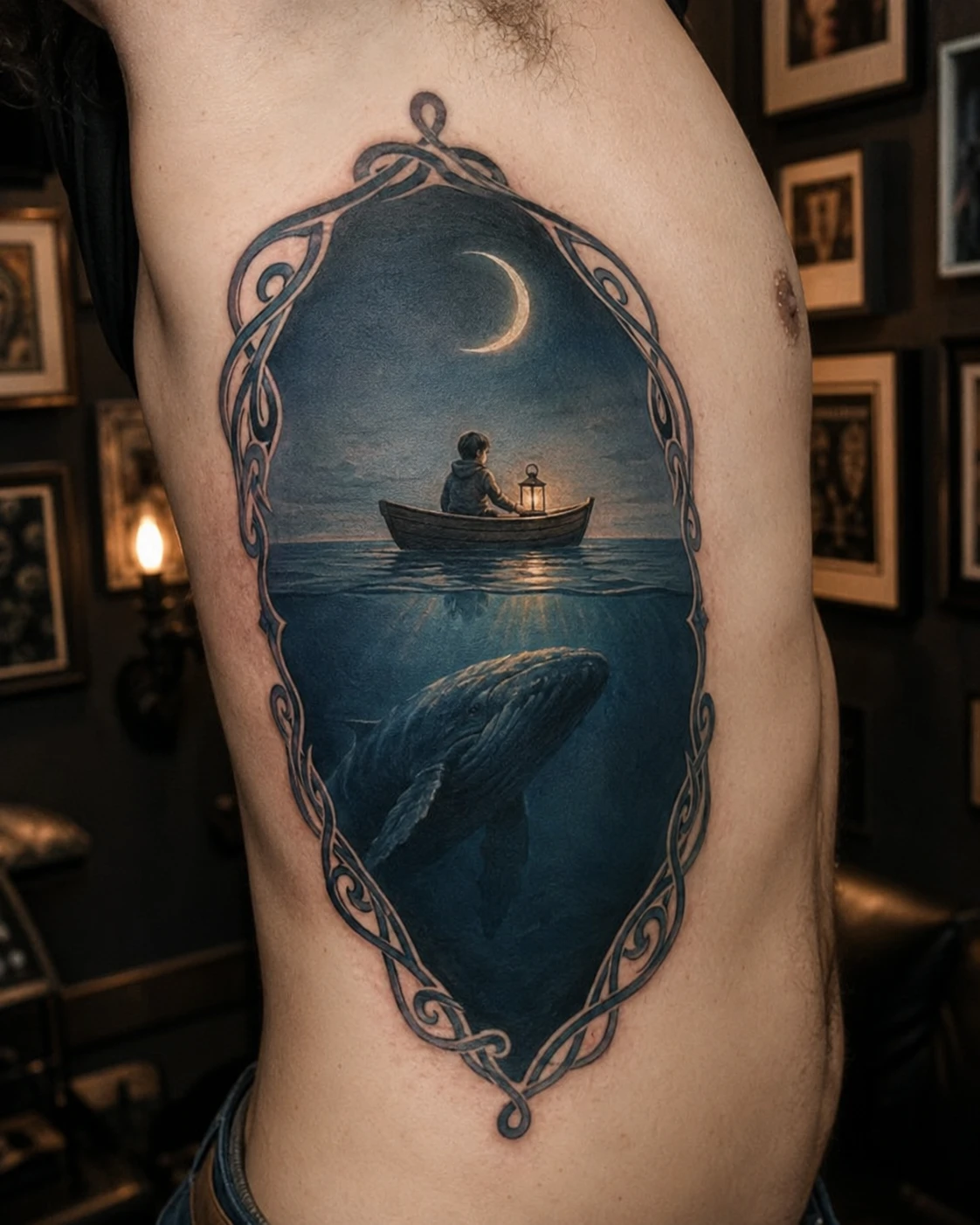 Large rib tattoo of a moonlit boat above a whale in an ornate oval frame.