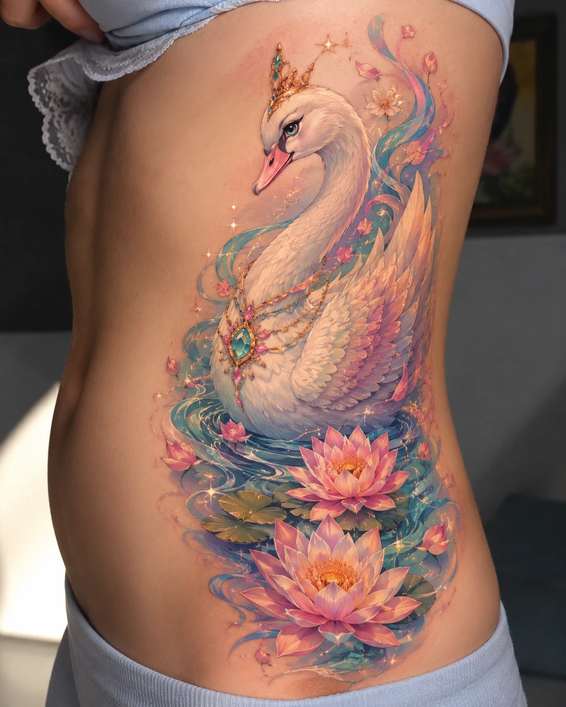 White swan and pink lotus tattoo along the ribs