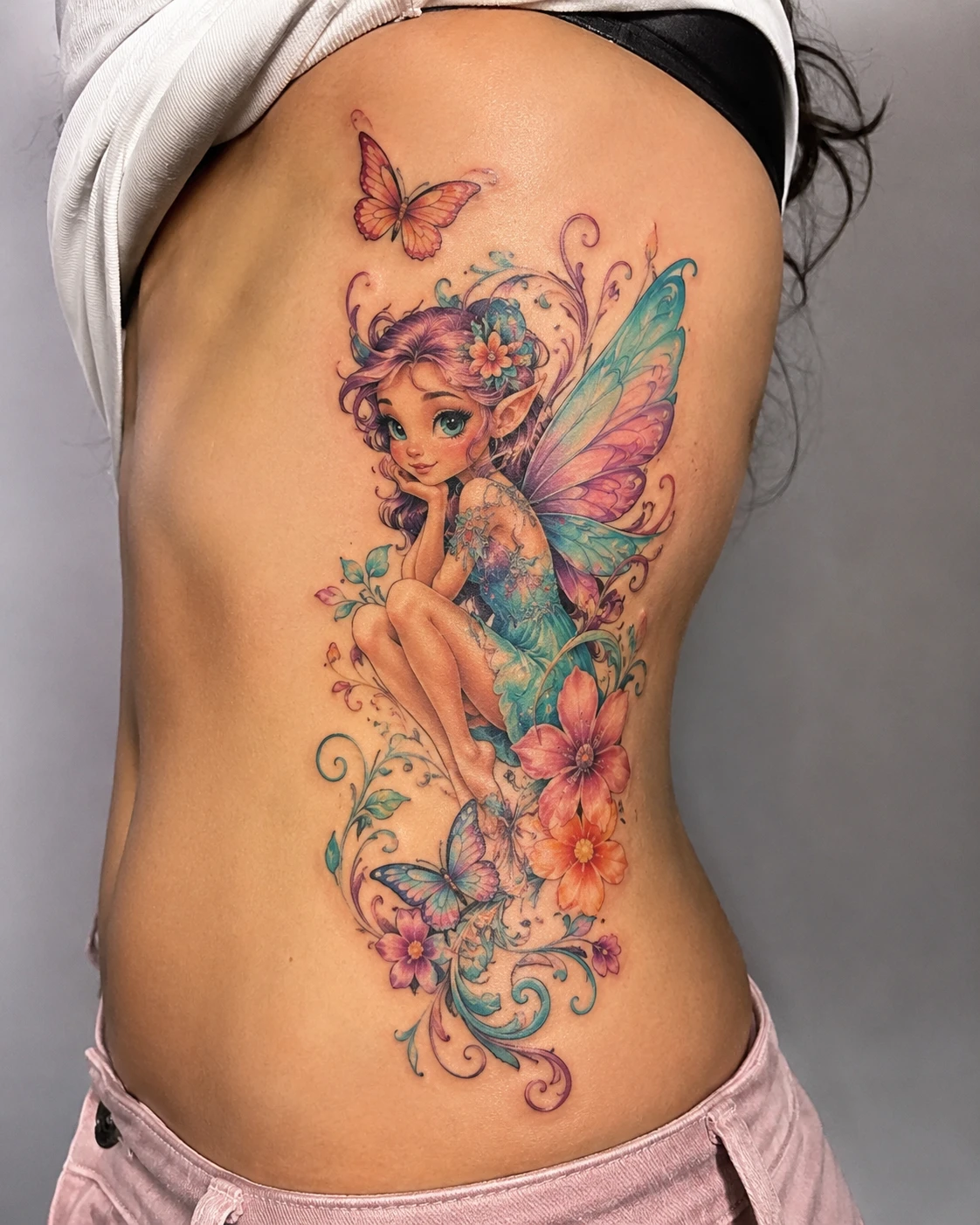 Large colour rib tattoo of a purple-haired fairy, butterflies, flowers and vines.