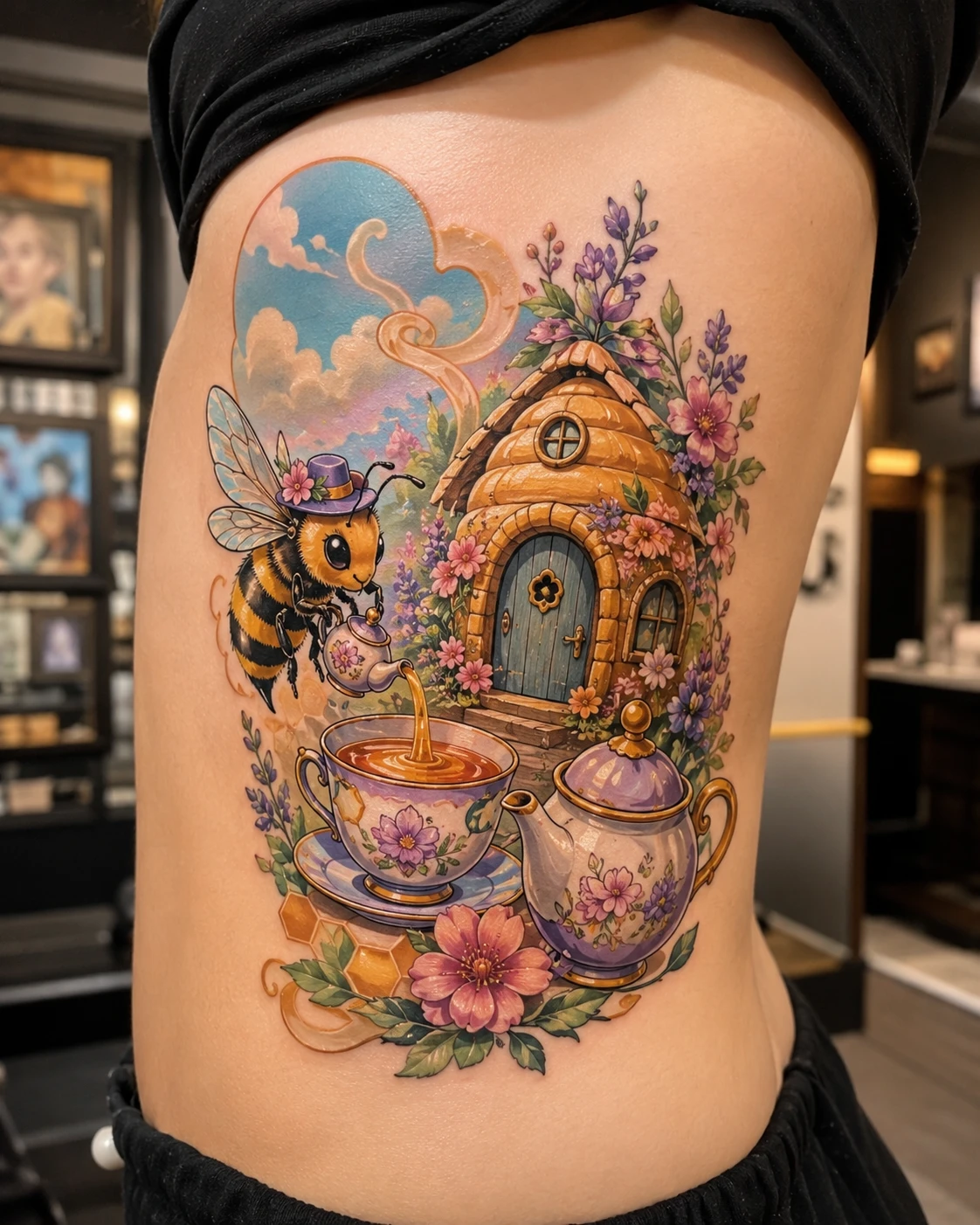 Large colour rib tattoo of a top-hatted bee serving tea beside a hive house.
