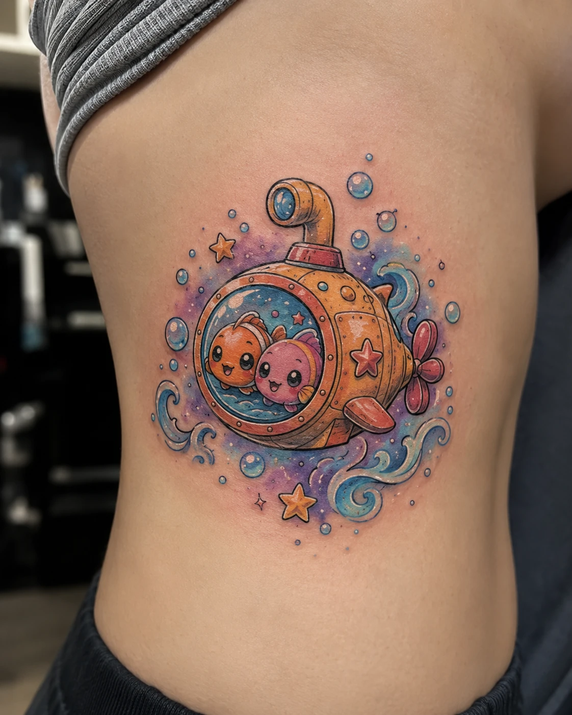 Round orange submarine with two sea creatures among bubbles