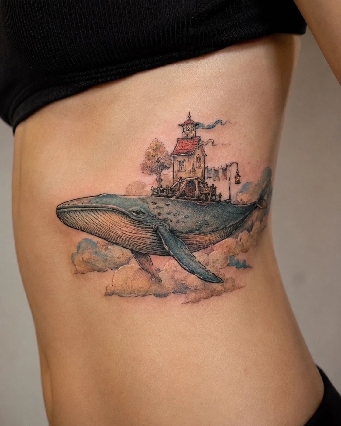 Gentle whale carries a tiny lighthouse island across blue water with clouds gathered overhead.
