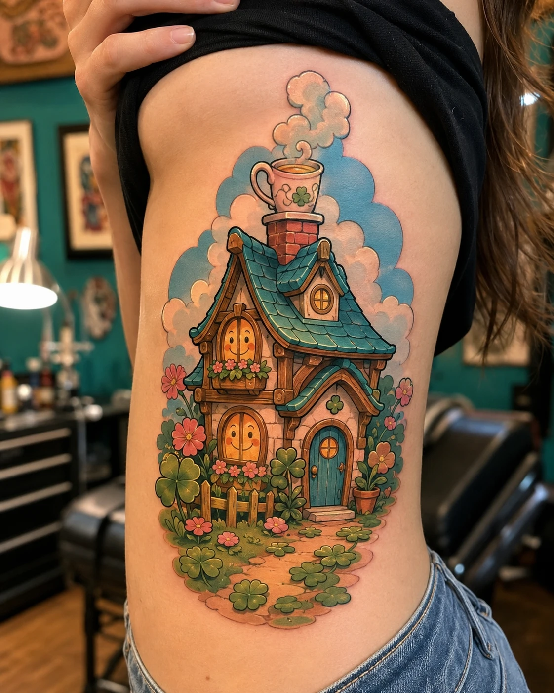Colourful crooked cottage tattoo with flowers on the ribs
