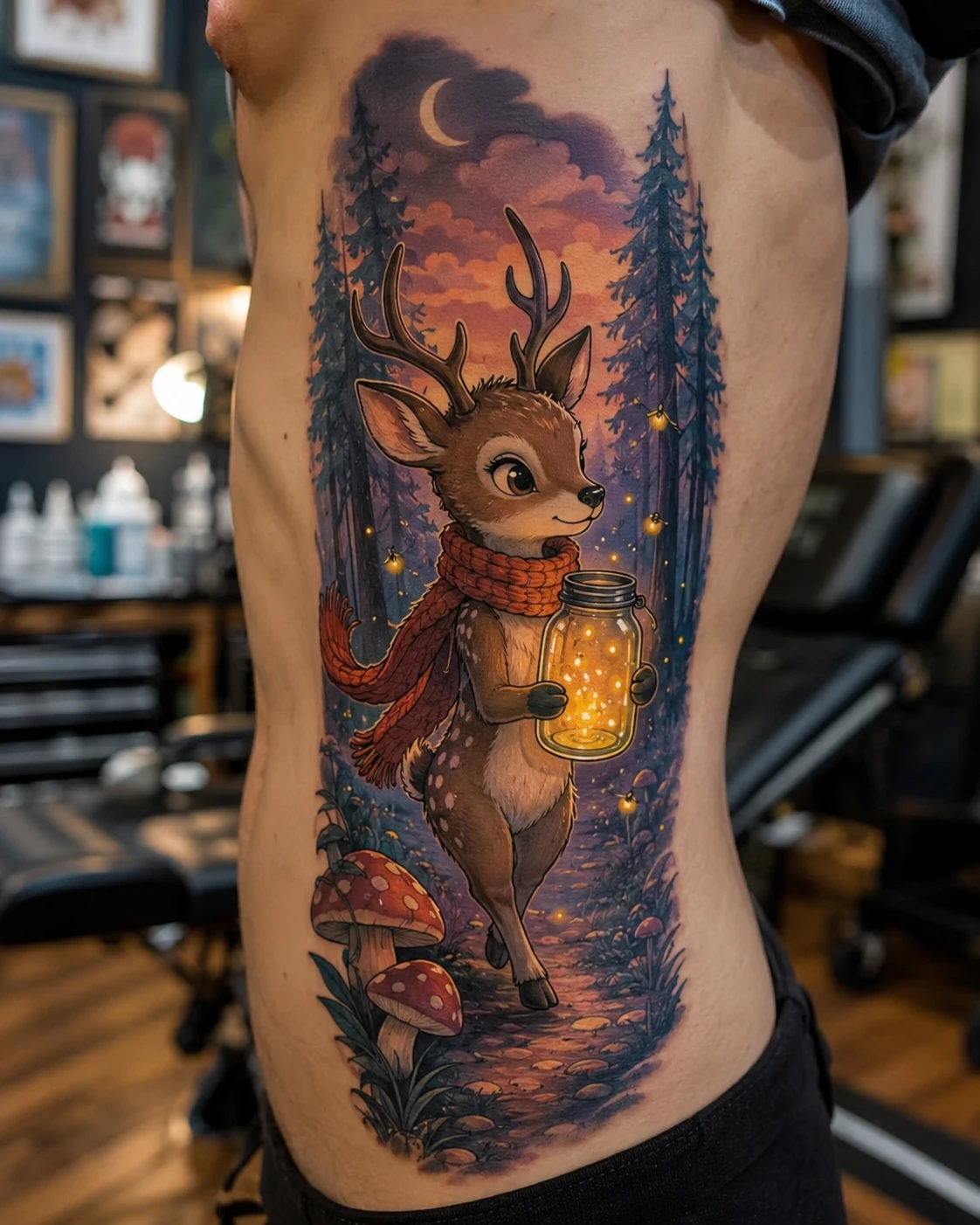 Large colour rib tattoo of a deer with a firefly jar in a moonlit pine forest.