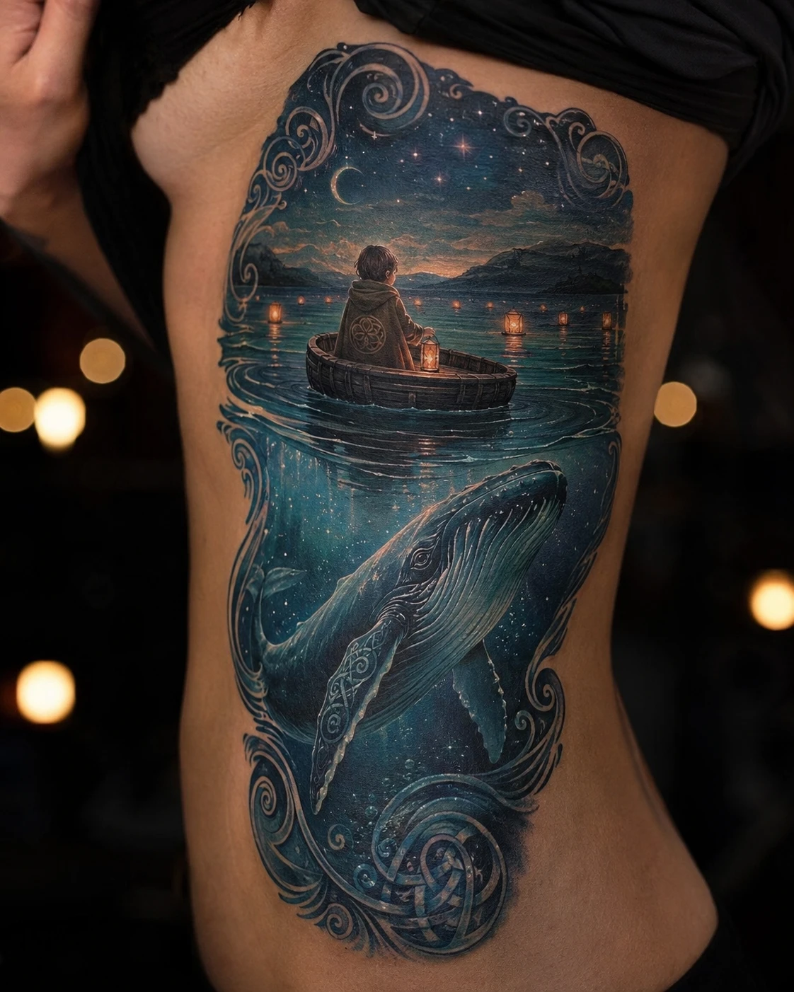 Moonlit whale and small boat tattoo on the thigh