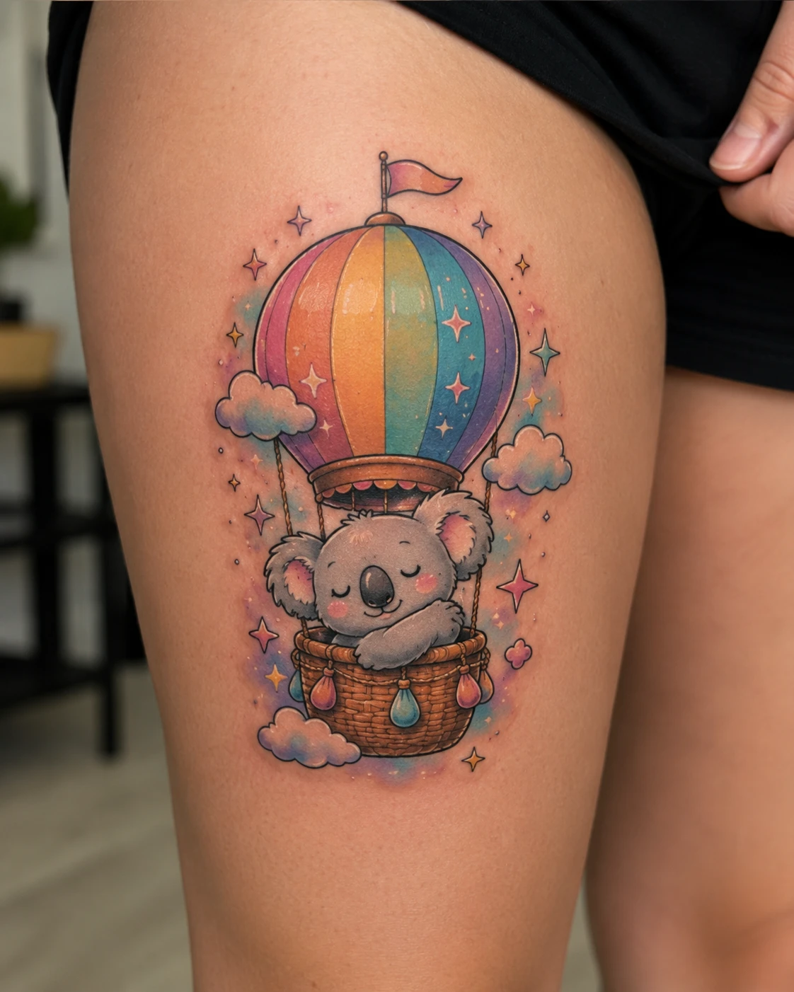 Sleeping koala beneath a round rainbow hot-air balloon in soft clouds.