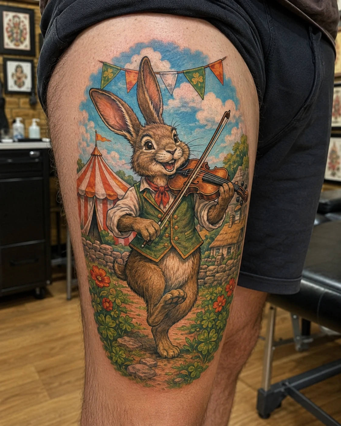 Large colour thigh tattoo of a rabbit playing violin beneath bunting and flowers.
