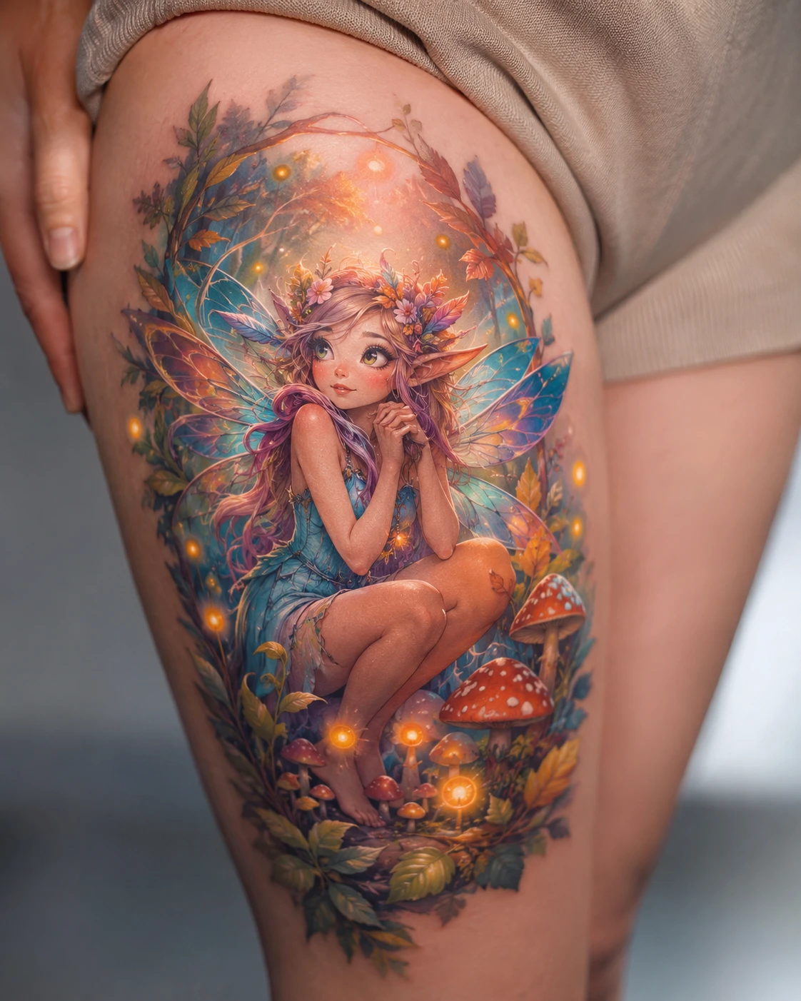 Winged figure crouching among red capped mushrooms, autumn leaves and floating lights in a foliage arch, on a thigh