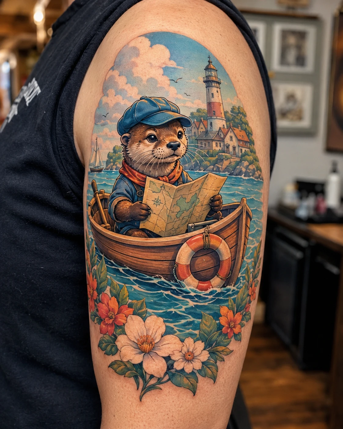 Sailing cat reading a map near a lighthouse and pink flowers