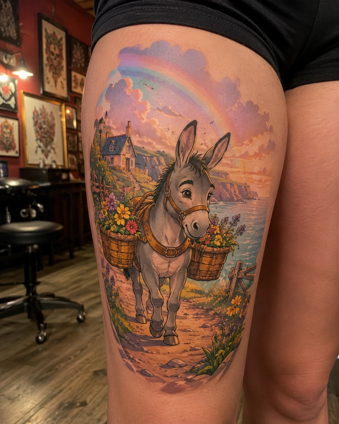 Donkey with flower baskets tattoo on the upper arm