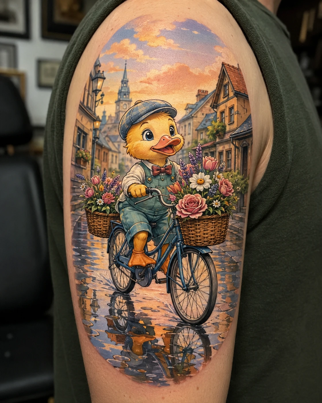 Yellow duck cycling through town with overflowing flower baskets