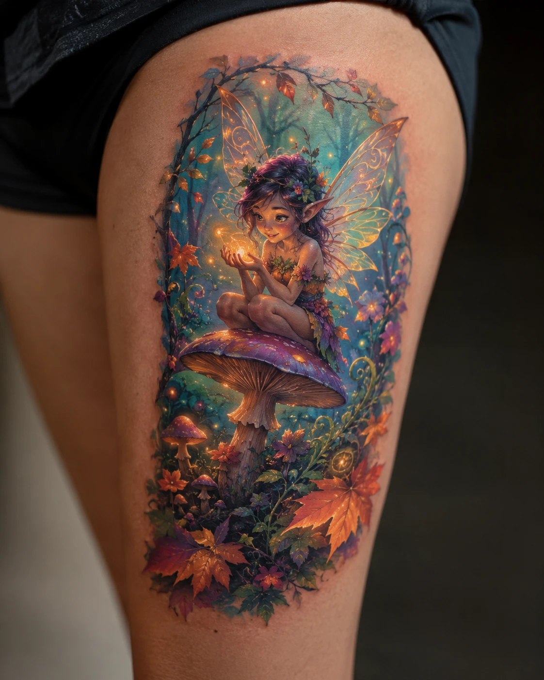 Tiny winged fairy perches on a luminous mushroom surrounded by blue blossoms and enchanted woodland light.