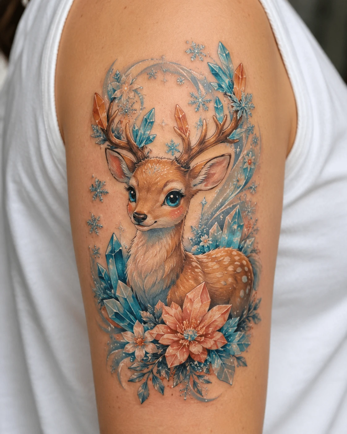 Gentle fawn rests beside faceted crystals, pale blossoms and fresh green woodland leaves.