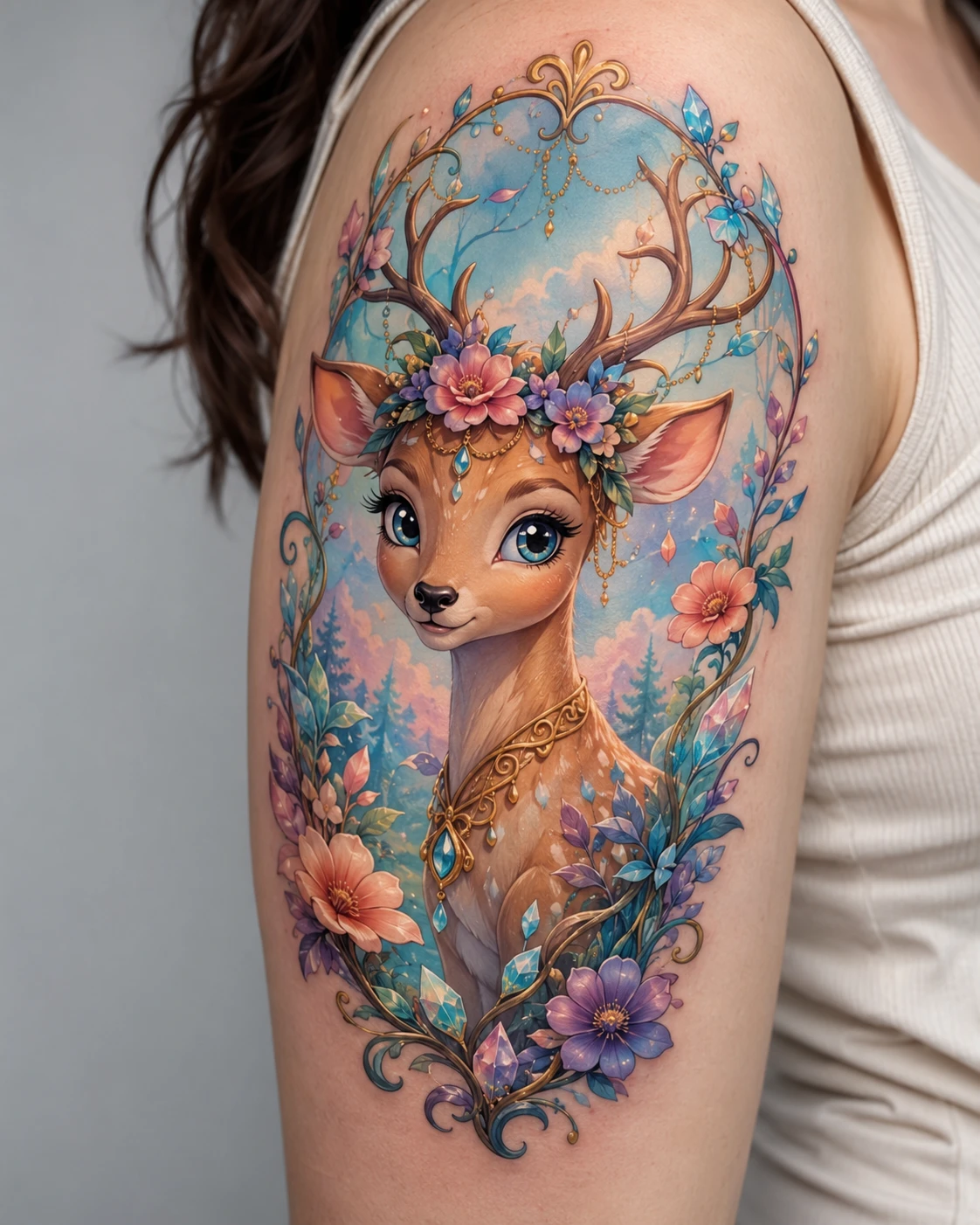 Young deer with flower crown tattoo on upper arm