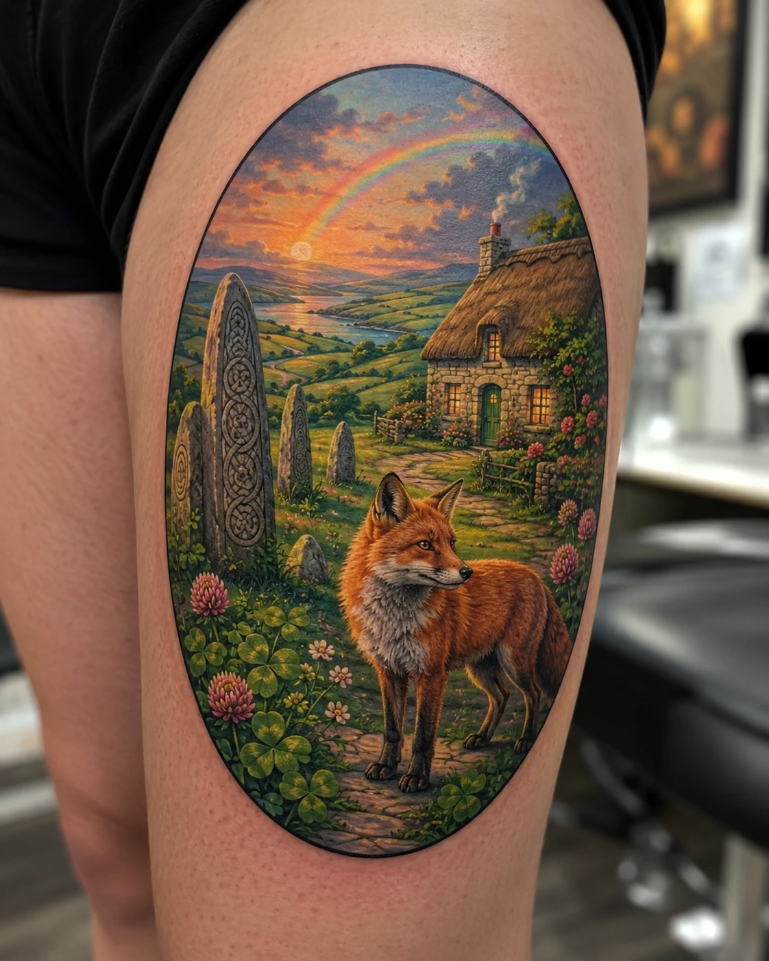 Fox and stone circle tattoo beneath a countryside rainbow