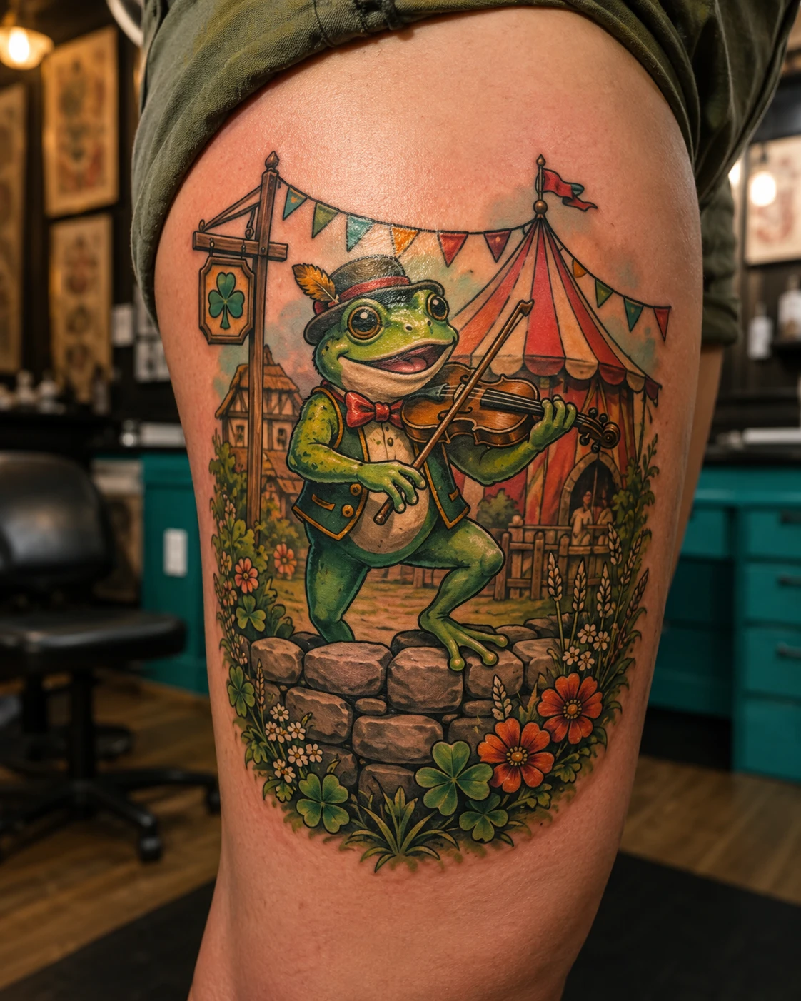 Green frog violinist beneath striped fair tents and bunting
