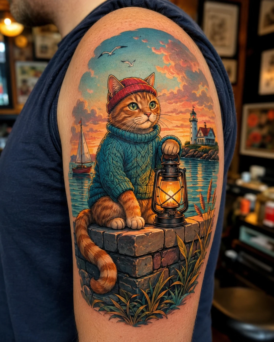 Orange harbour cat in a teal jumper beside a glowing lantern