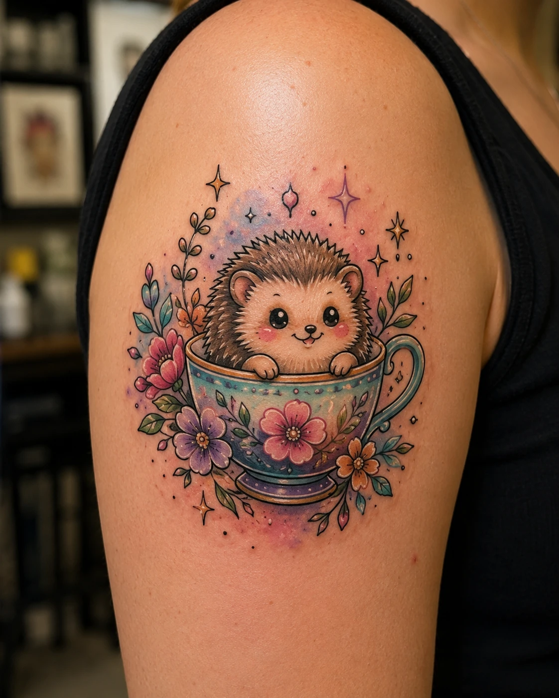 Tiny hedgehog peeks from a floral teacup.