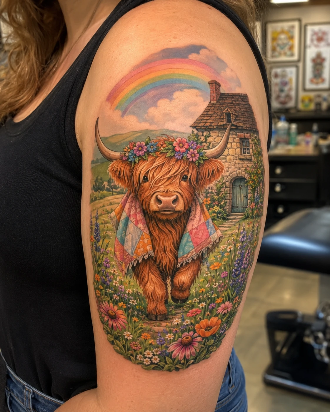 Shaggy Highland cow stands in a flowered meadow.
