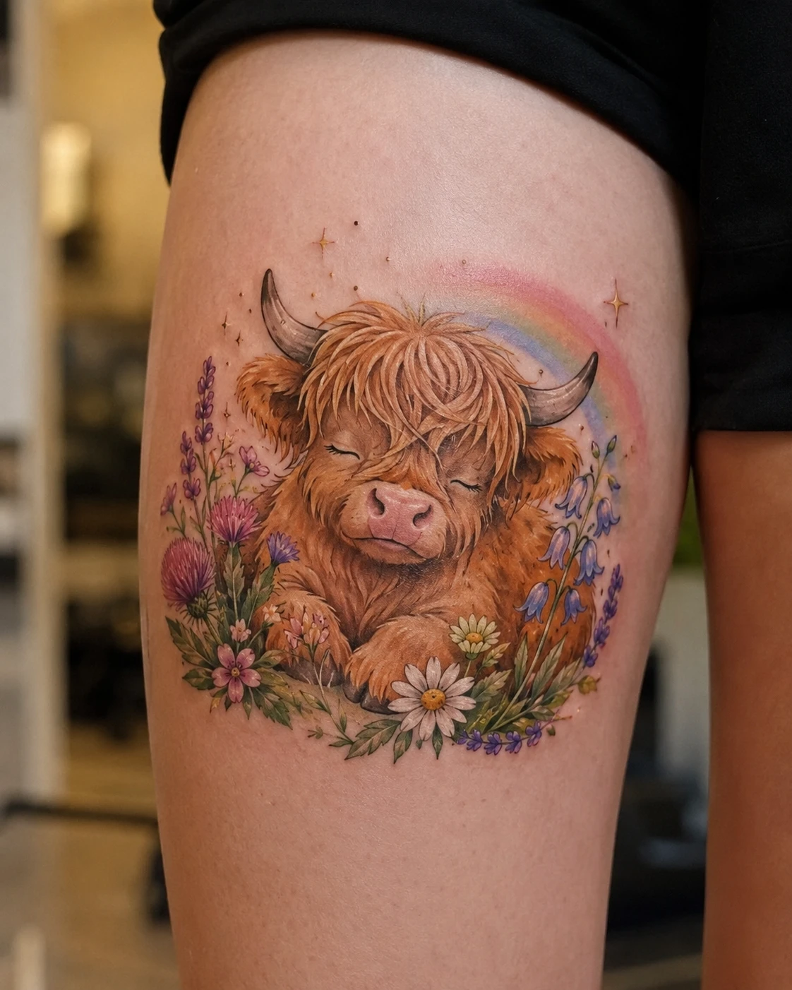 Soft faced Highland cow peers through pink and yellow wildflowers with warm russet fur.
