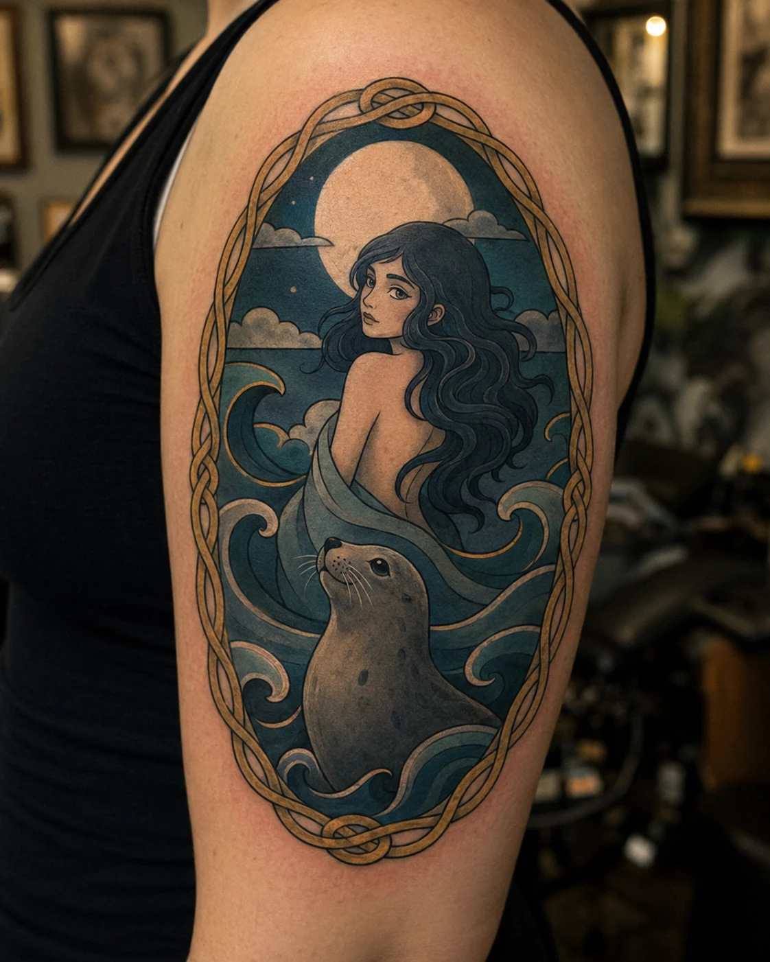 Mermaid and seal tattoo beneath full moon on upper arm